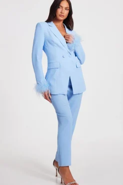 Quiz Feather Trim Blazer Light Blue Discount