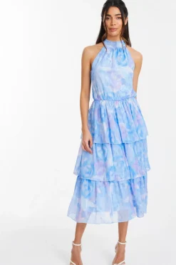 Quiz Light Blue Floral High Neck Tiered Midi Dress Discount