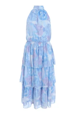 Quiz Light Blue Floral High Neck Tiered Midi Dress Discount
