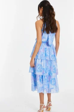 Quiz Light Blue Floral High Neck Tiered Midi Dress Discount