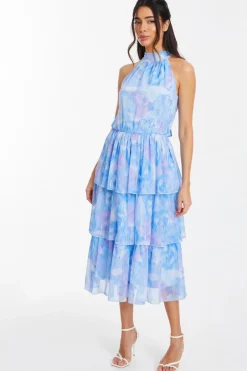 Quiz Light Blue Floral High Neck Tiered Midi Dress Discount