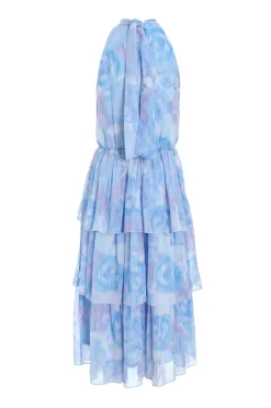 Quiz Light Blue Floral High Neck Tiered Midi Dress Discount