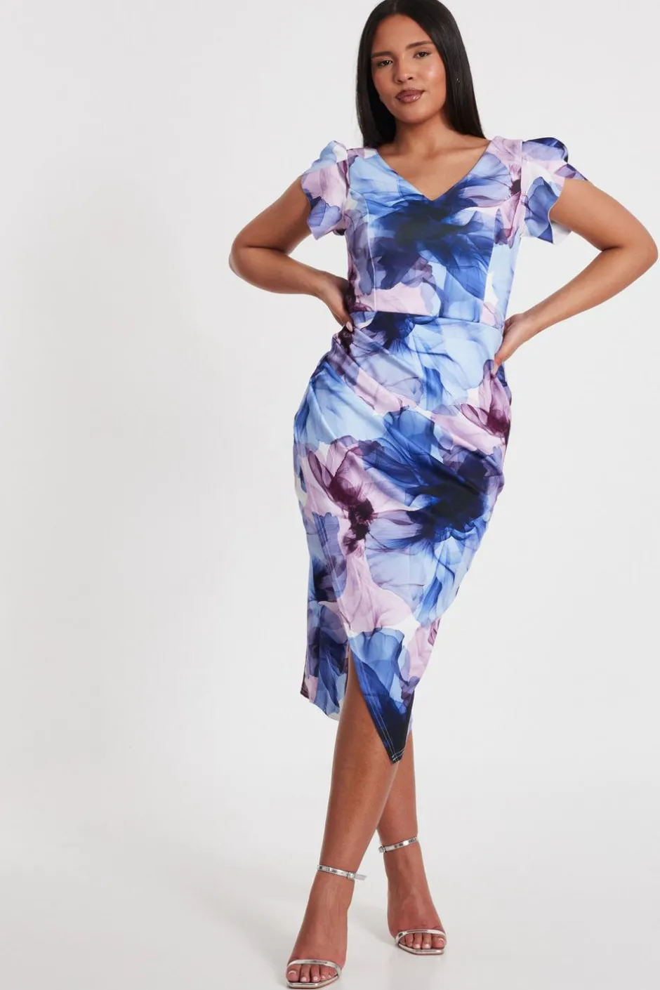 Quiz Light Blue Floral Print Midi Dress Outlet