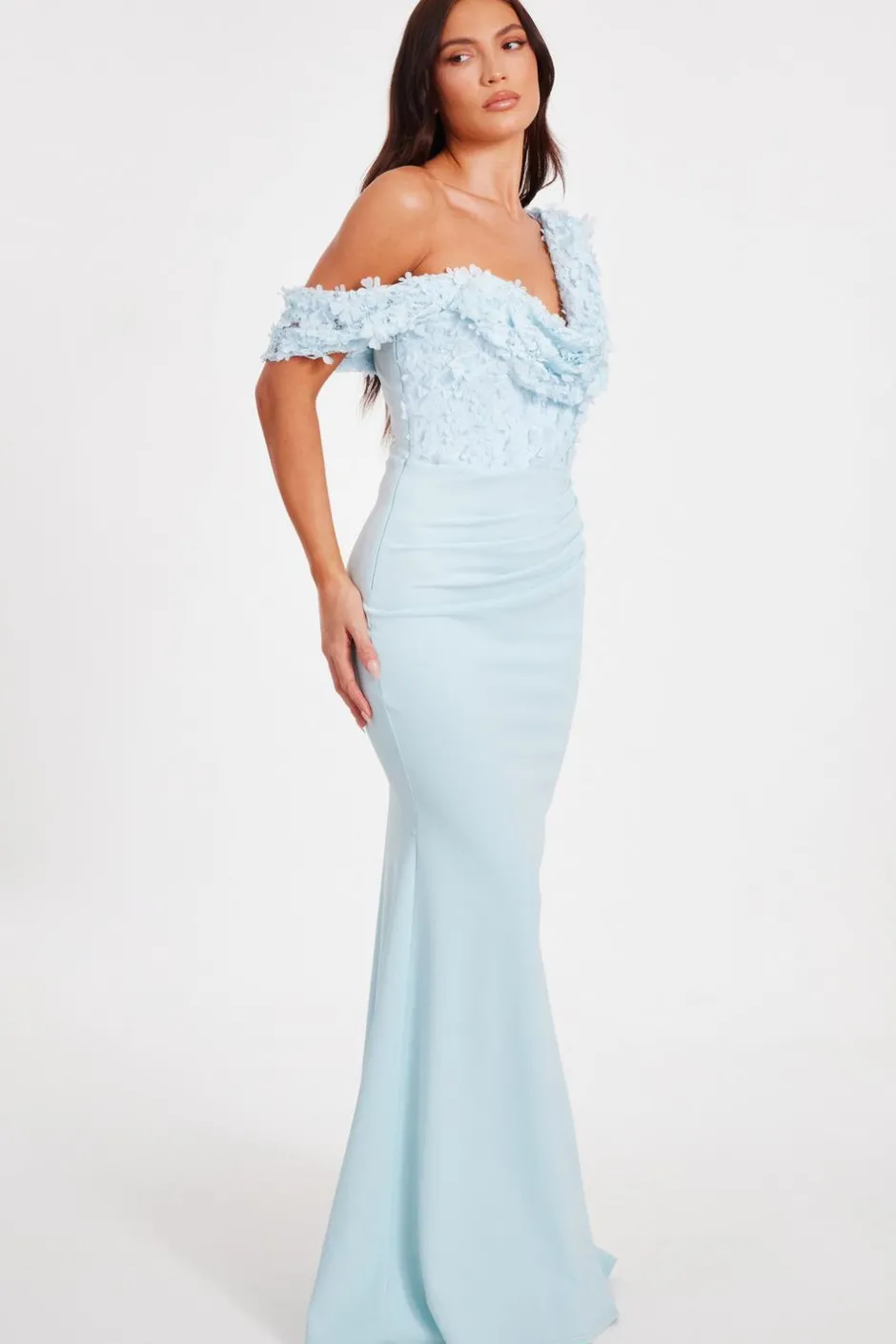 Quiz Floral Ruched Maxi Dress Light Blue Sale