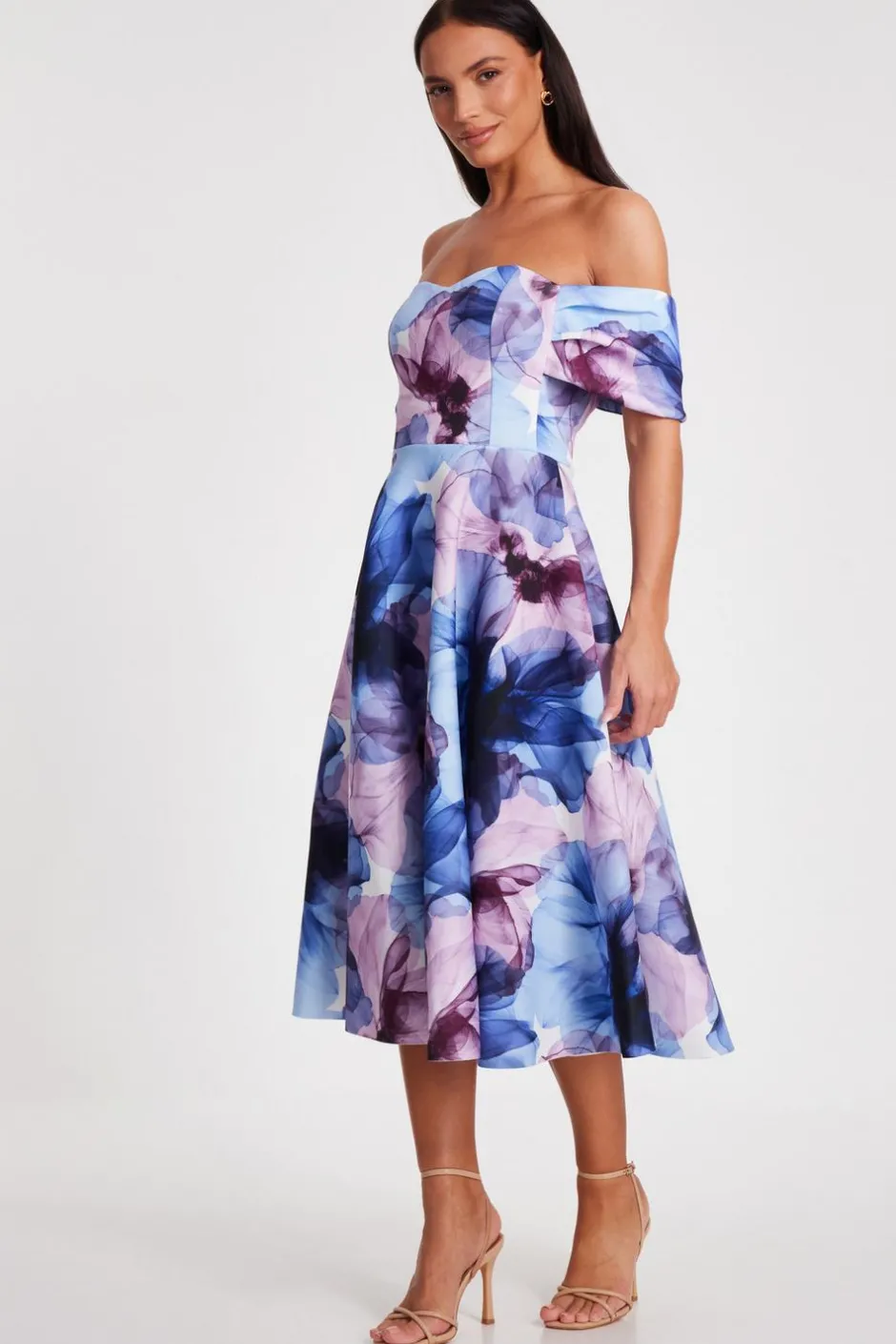 Quiz Light Blue Floral Skater Dress Online