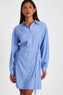 Quiz Light Blue Pinstripe Mini Shirt Dress Outlet