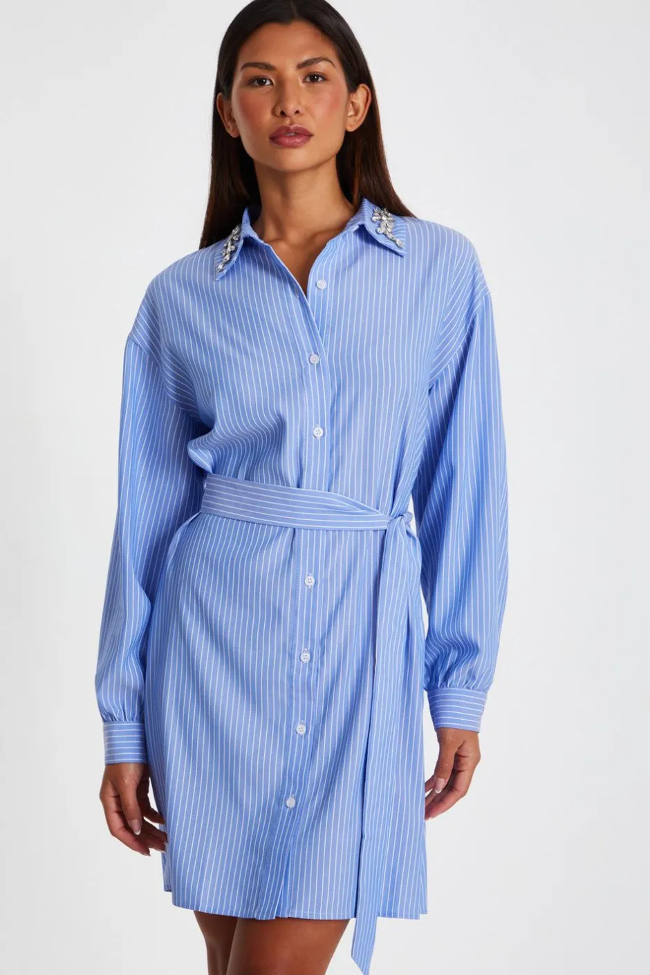 Quiz Light Blue Pinstripe Mini Shirt Dress Outlet
