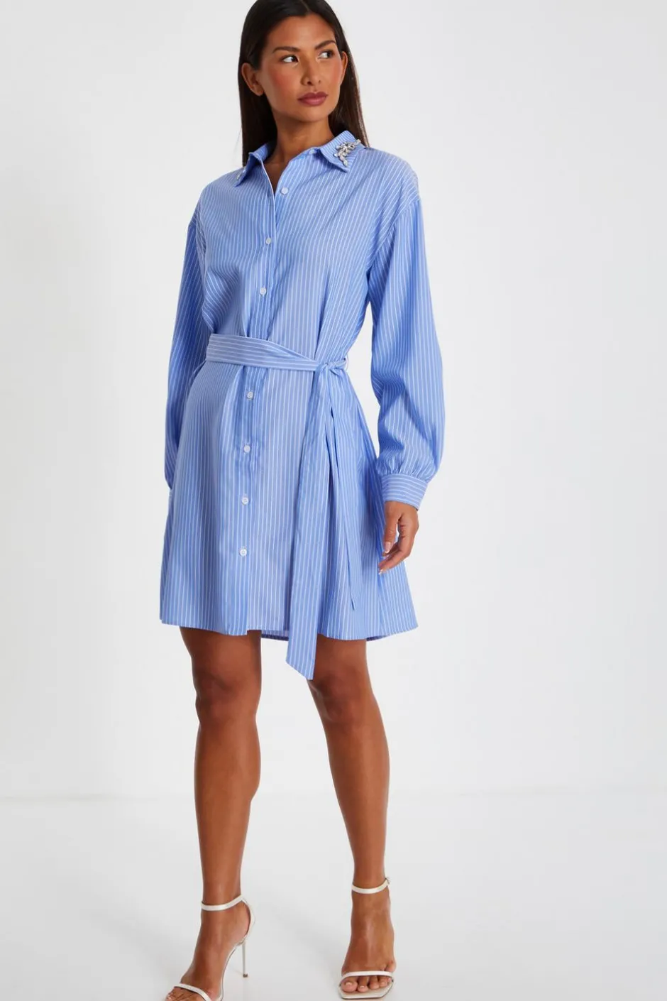 Quiz Light Blue Pinstripe Mini Shirt Dress Outlet