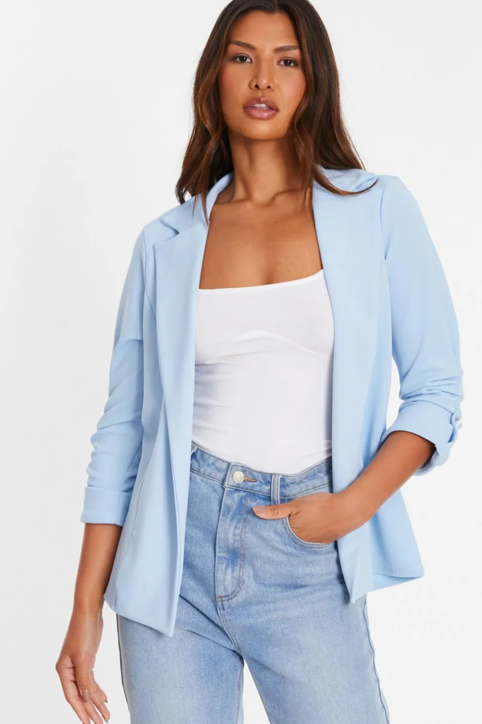 Quiz Light Blue Ruched Sleeve Blazer Outlet