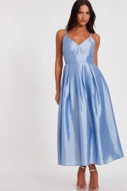 Quiz Taffeta Midaxi Dress Light Blue Clearance
