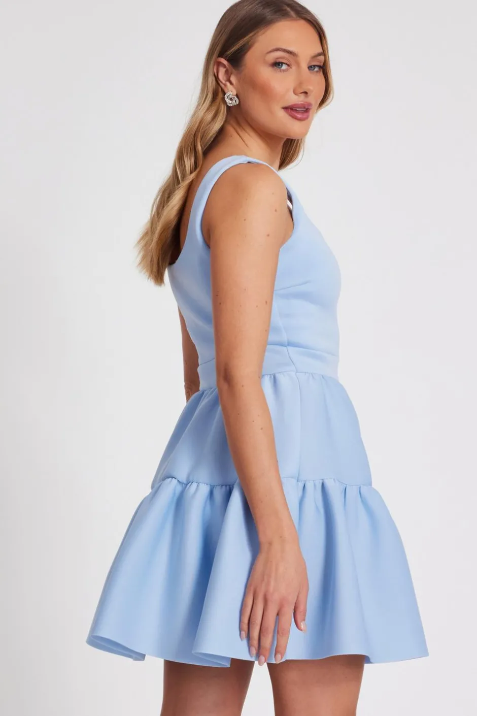 Quiz Light Blue Tiered Skater Mini Dress New