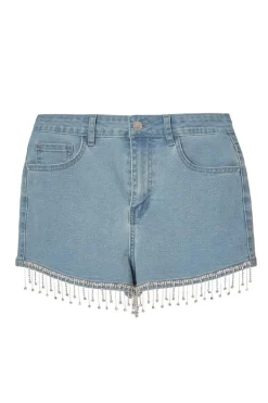 Quiz Light Denim Embellished Shorts Sale