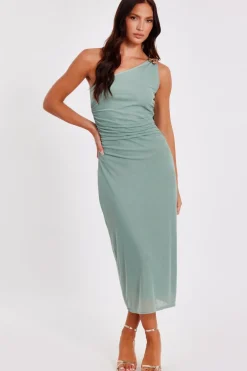 Quiz Light Mesh One Shoulder Midi Dress Green Online