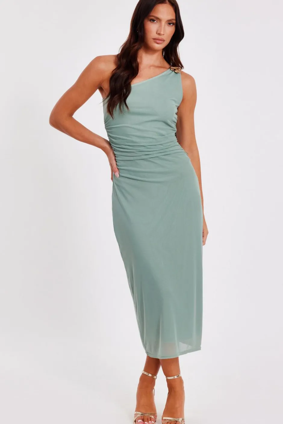 Quiz Light Mesh One Shoulder Midi Dress Green Online
