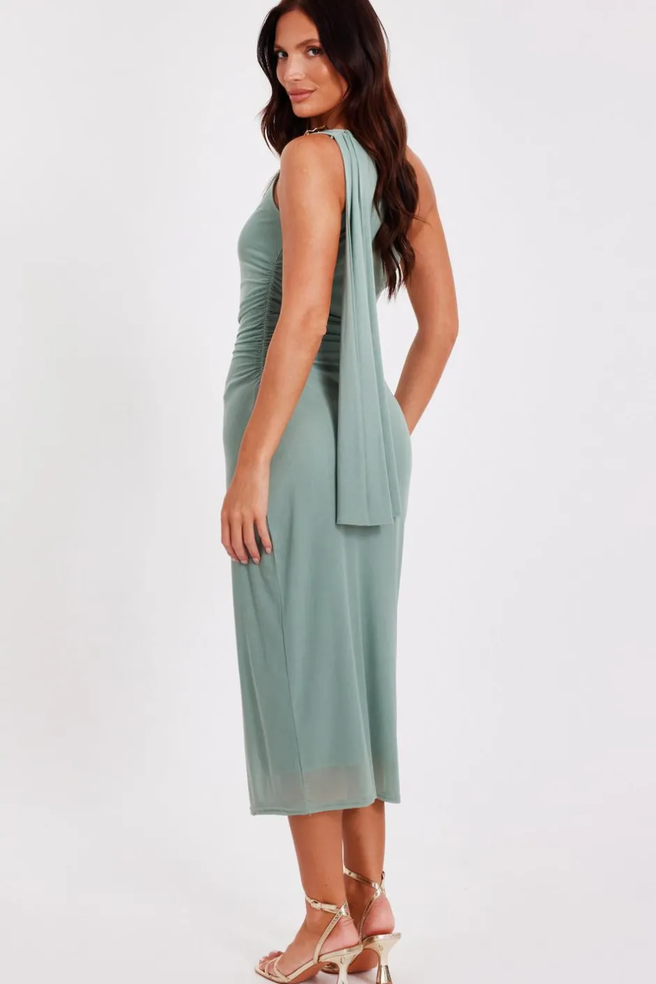 Quiz Light Mesh One Shoulder Midi Dress Green Online