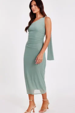 Quiz Light Mesh One Shoulder Midi Dress Green Online