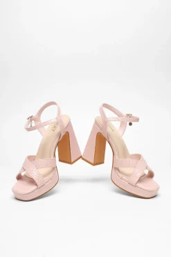 Quiz Crocodile Cross Strap Platform Heeled Sandals Light Pink Sale
