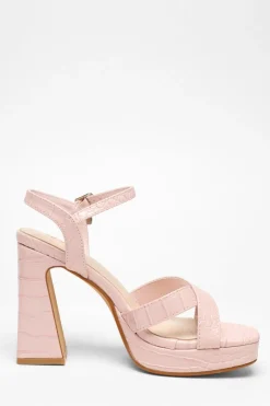 Quiz Crocodile Cross Strap Platform Heeled Sandals Light Pink Sale