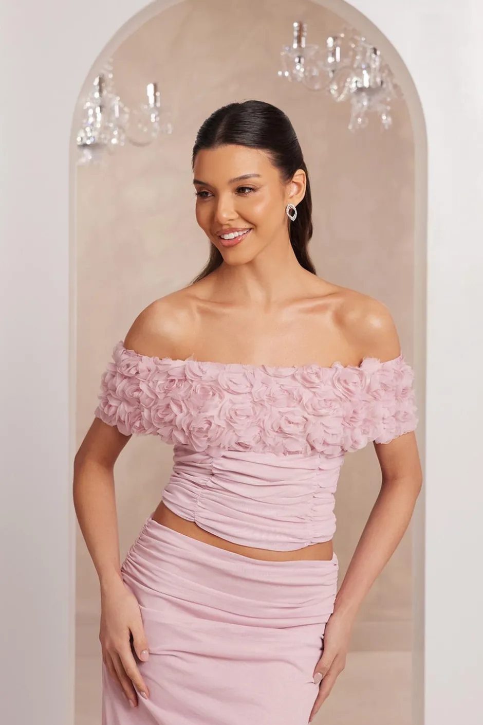 Quiz Light Floral Mesh Top Pink Hot