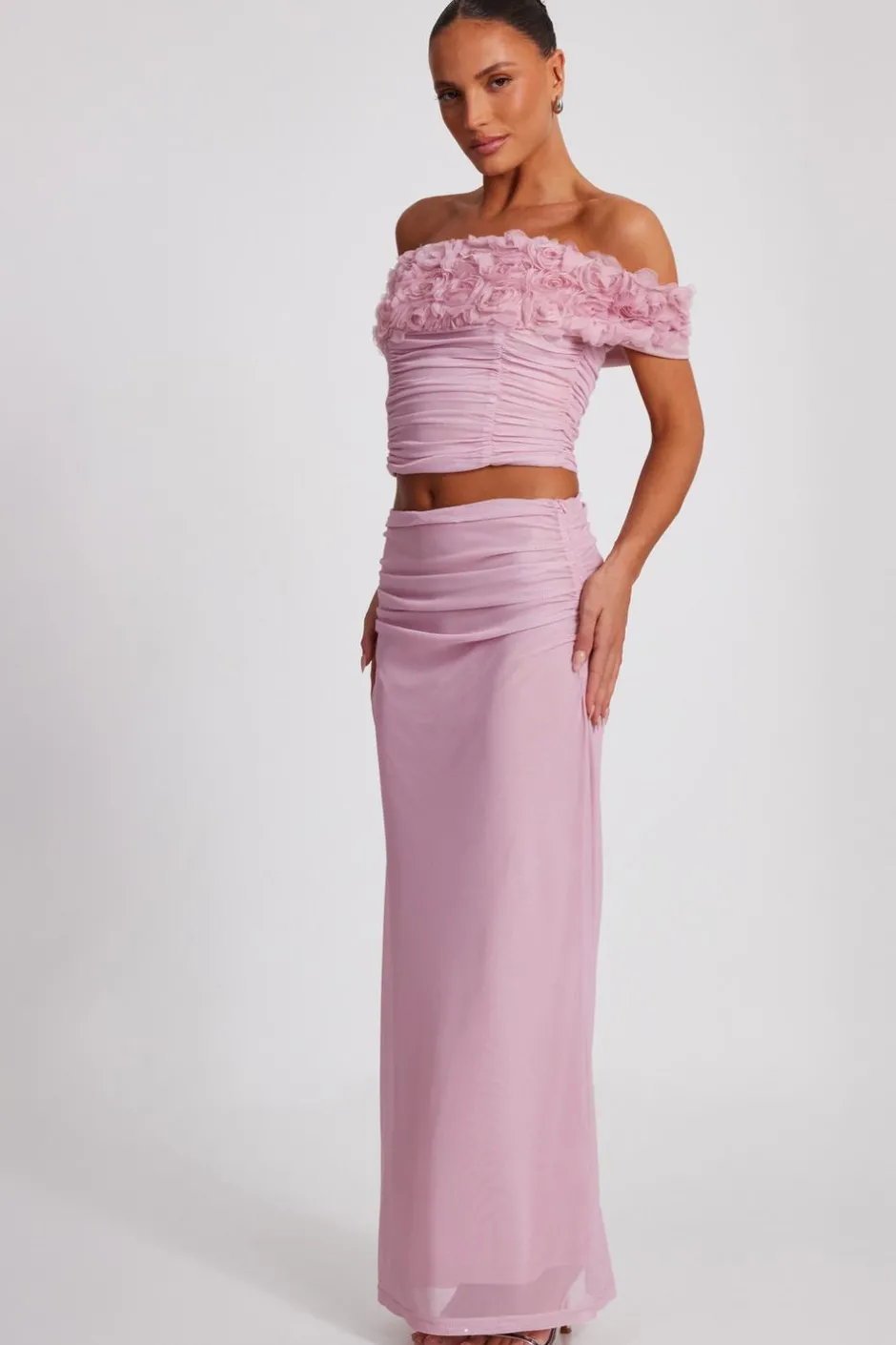 Quiz Mesh Ruched Midaxi Skirt Light Pink Outlet