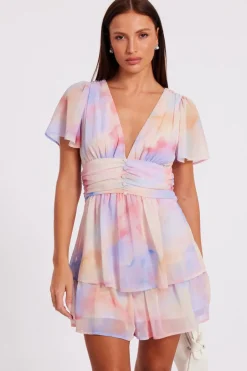 Quiz Light Pink Tie Dye Tiered Playsuit Discount