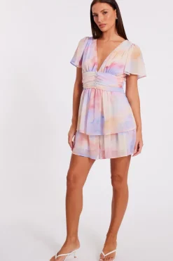 Quiz Light Pink Tie Dye Tiered Playsuit Discount
