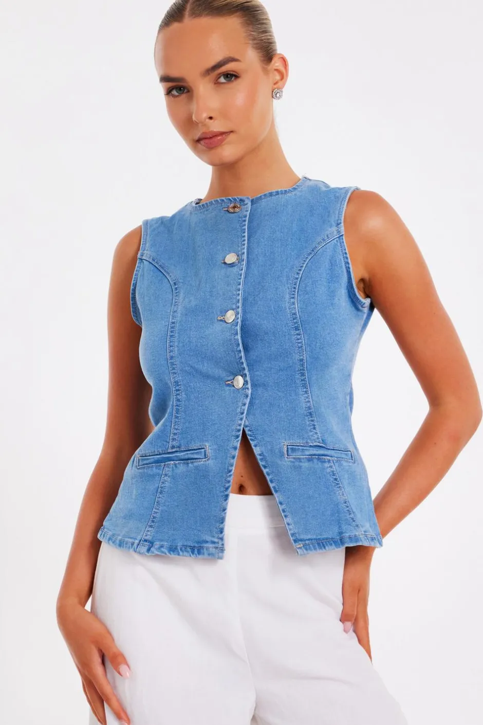 Quiz Light Wash Denim Waistcoat Online