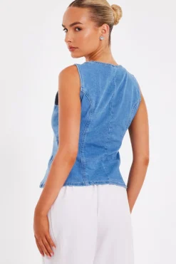 Quiz Light Wash Denim Waistcoat Online