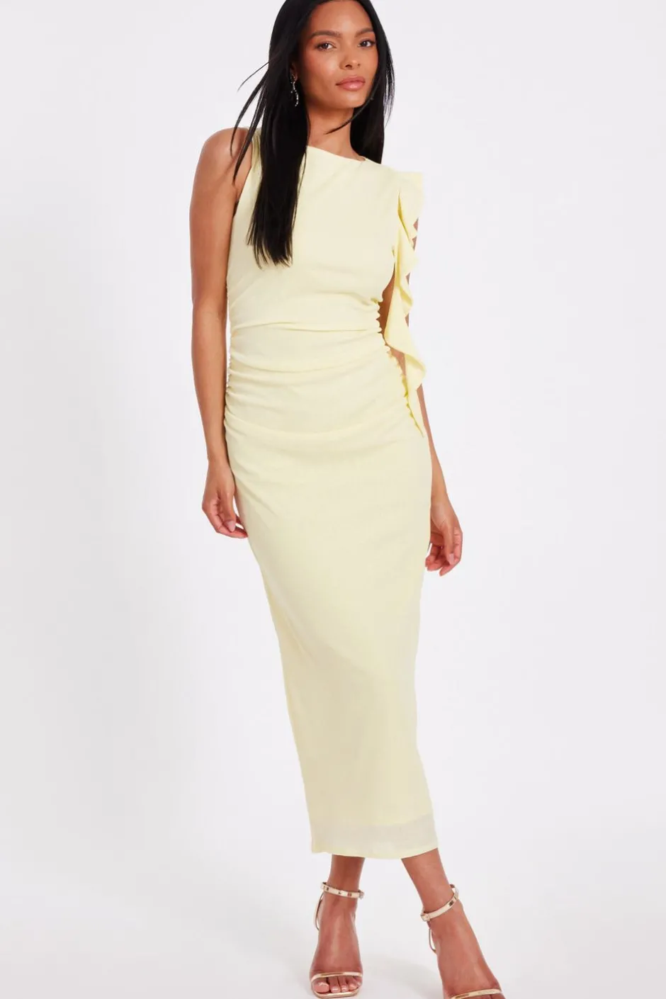 Quiz Frill Midi Dress Light Yellow Hot