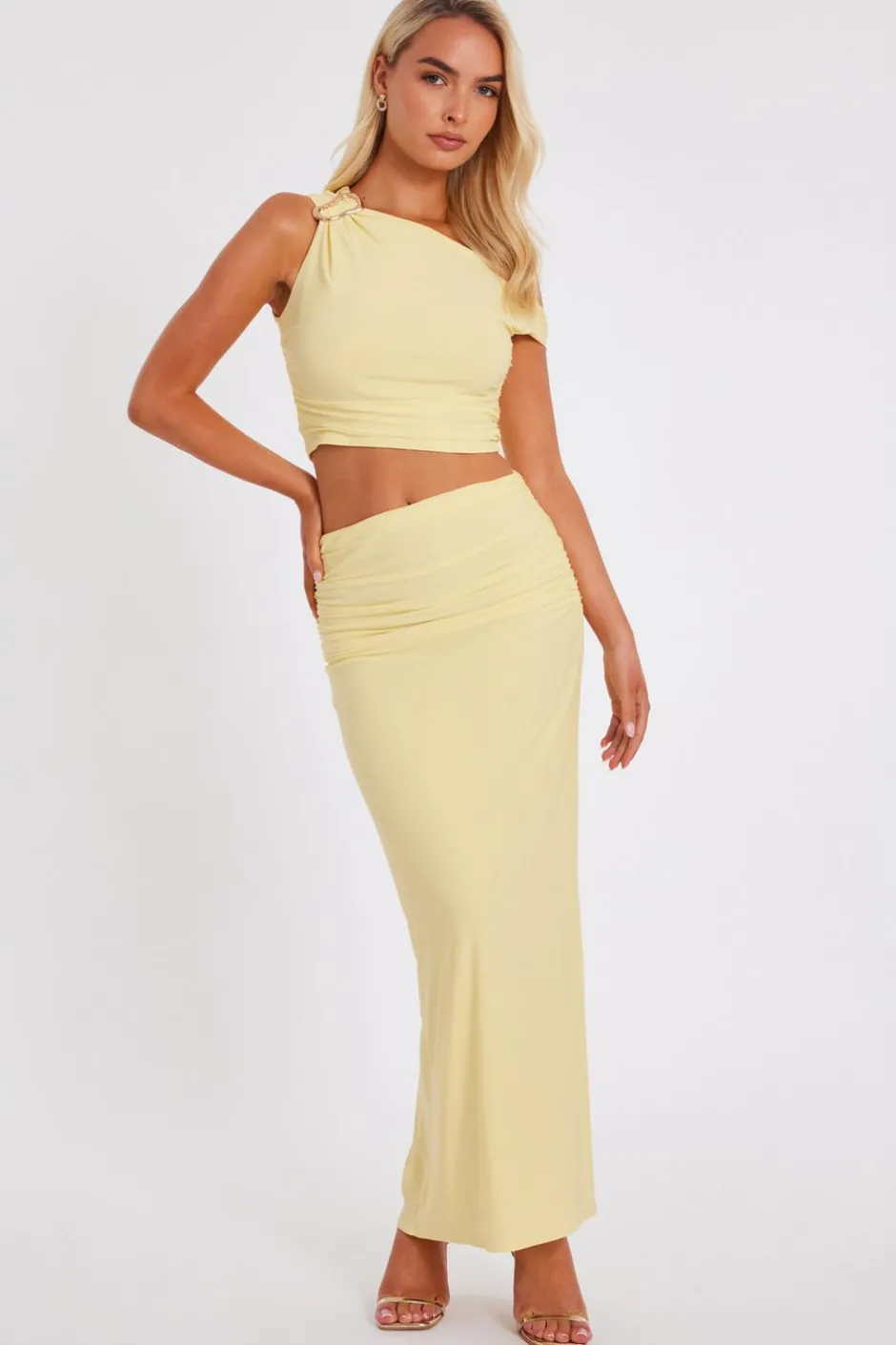Quiz Light Yellow Ruched Maxi Skirt Online
