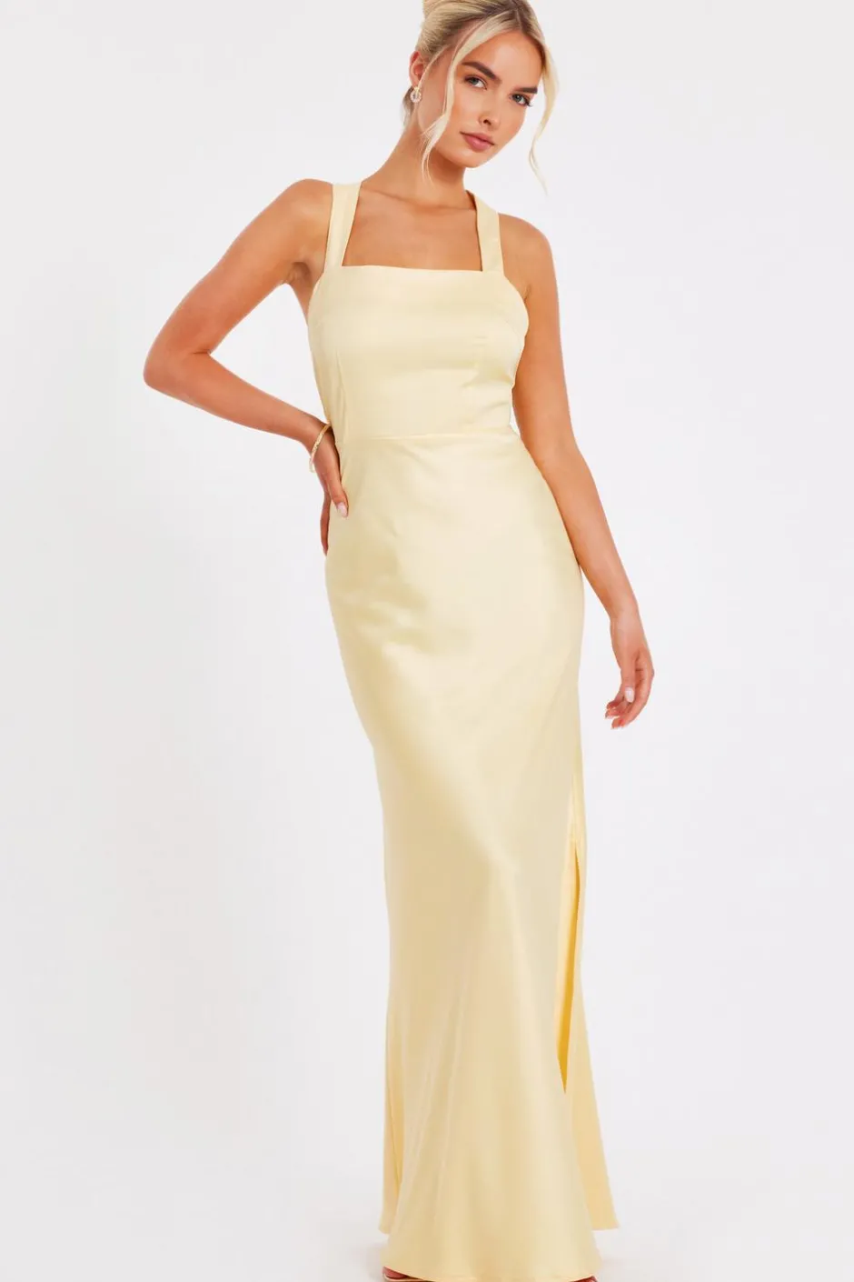 Quiz Light Yellow Satin Maxi Dress Hot