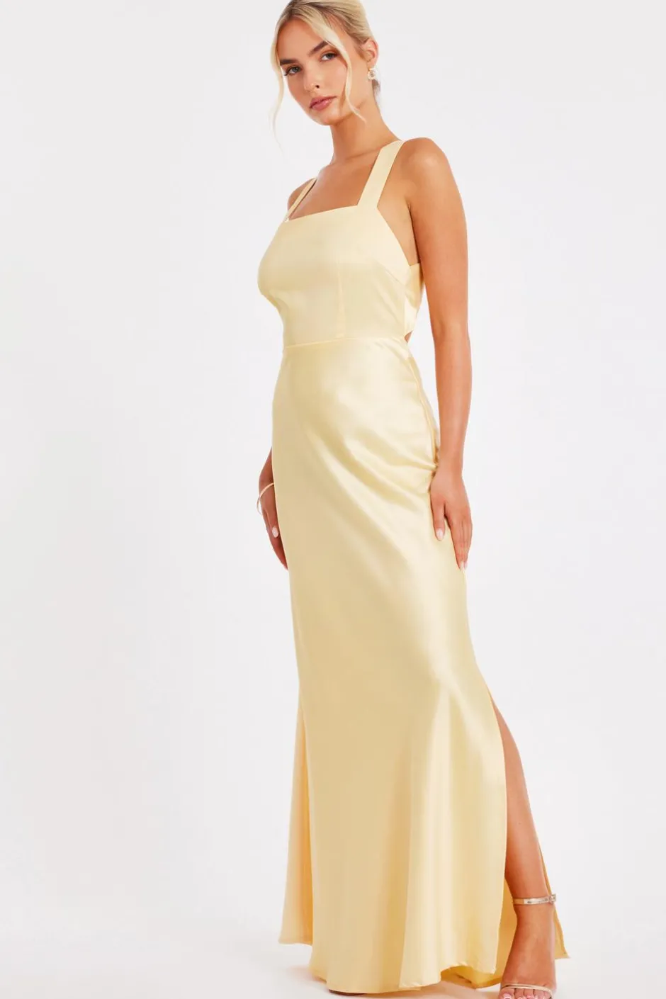 Quiz Light Yellow Satin Maxi Dress Hot