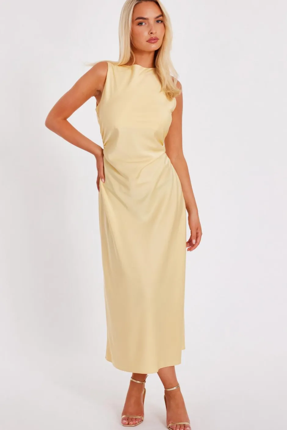 Quiz Satin Ruched Midi Dress Light Yellow Discount