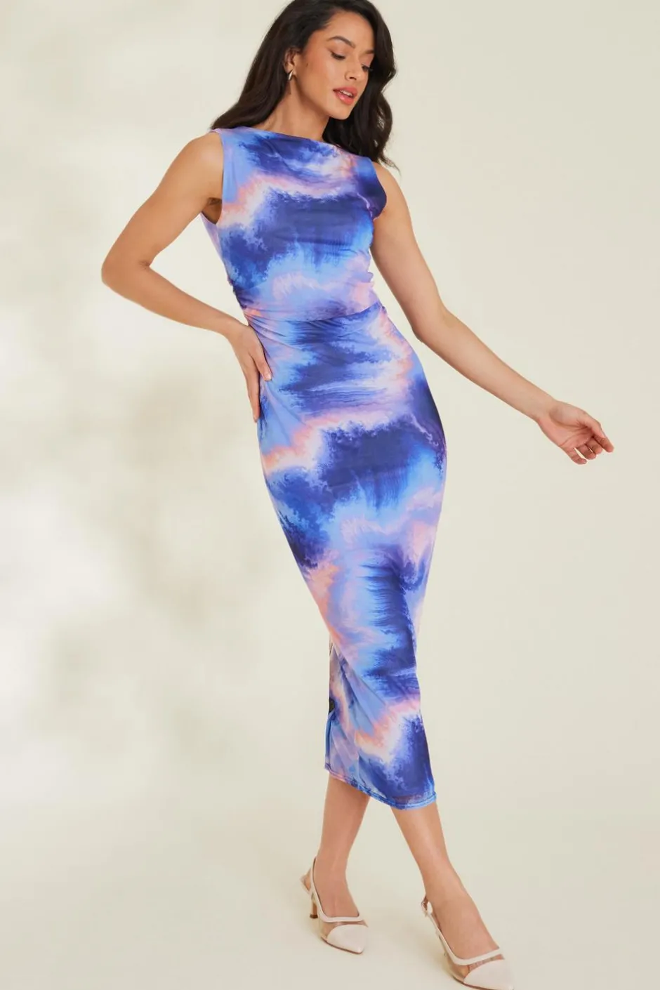 Quiz Lilac Abstract Print Mesh Midaxi Dress New