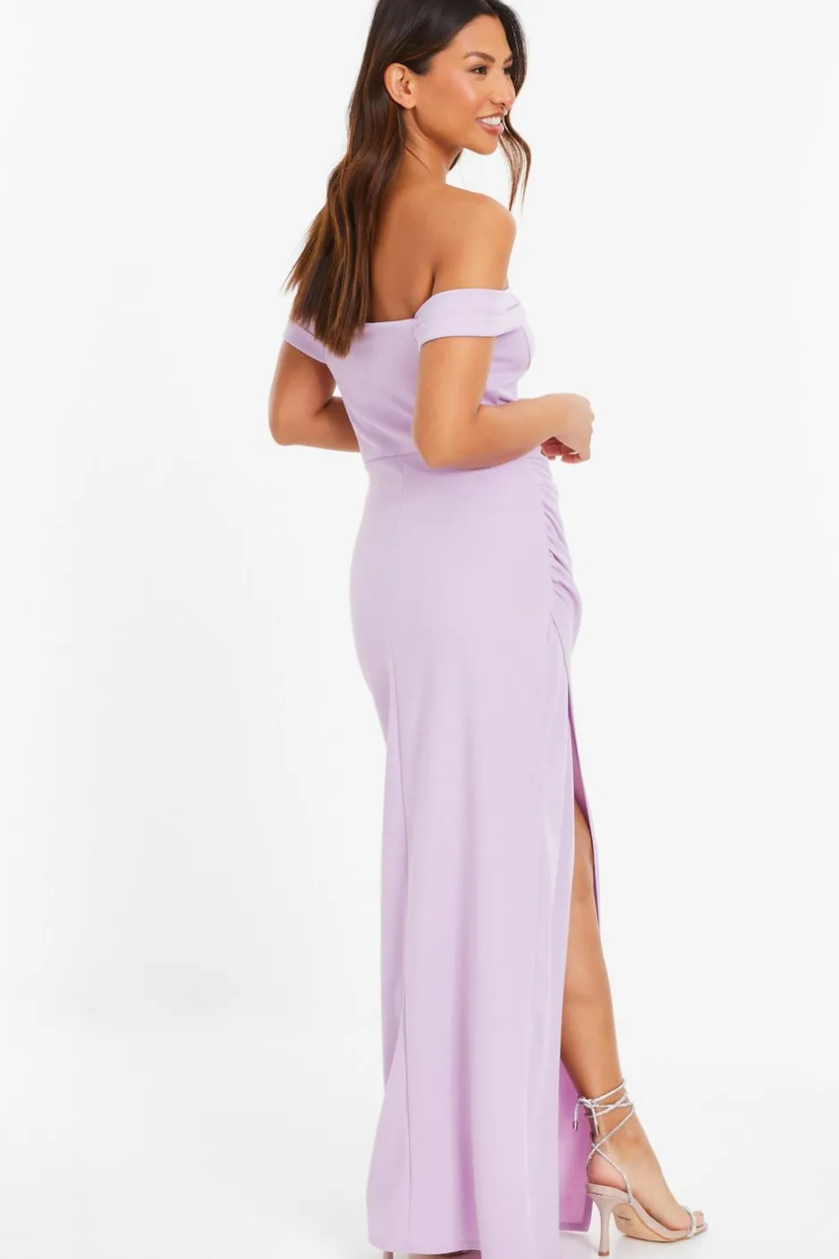 Quiz Lilac Bardot Ruched Maxi Dress Discount