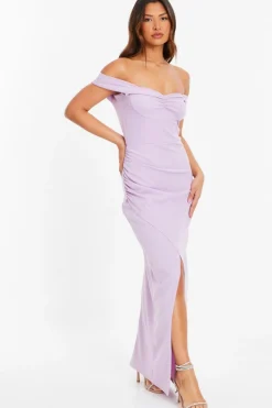 Quiz Lilac Bardot Ruched Maxi Dress Discount