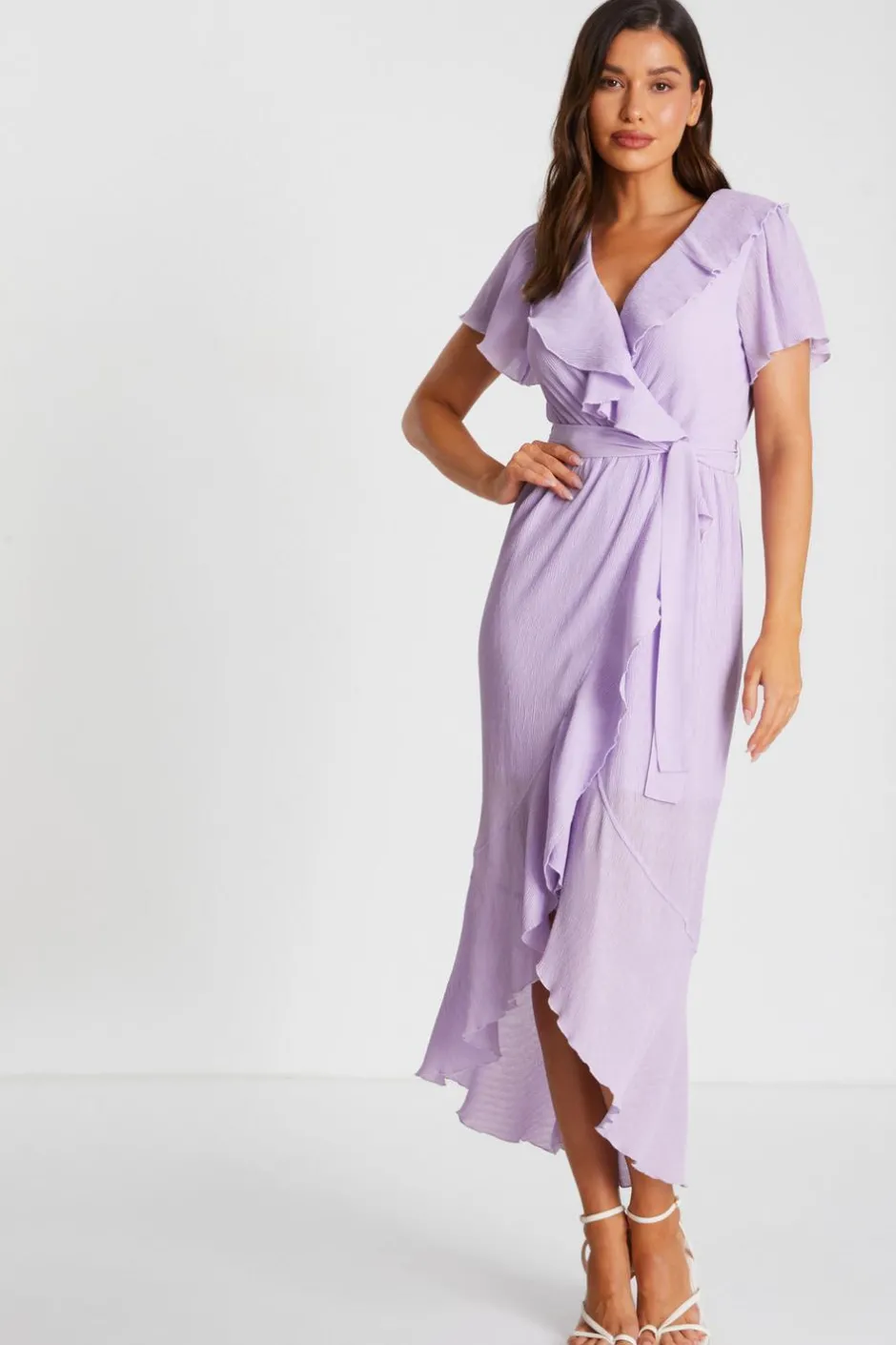 Quiz Lilac Crinkle Frill Midaxi Dress Clearance