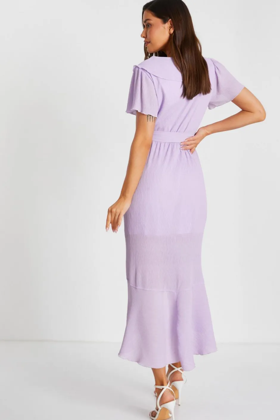 Quiz Lilac Crinkle Frill Midaxi Dress Clearance