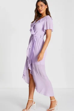Quiz Lilac Crinkle Frill Midaxi Dress Clearance