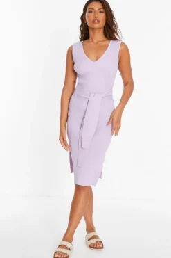 Quiz Knit Tie Belt Bodycon Midi Dress Lilac Online