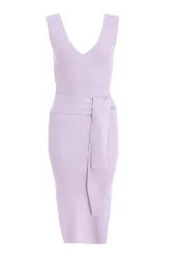 Quiz Knit Tie Belt Bodycon Midi Dress Lilac Online