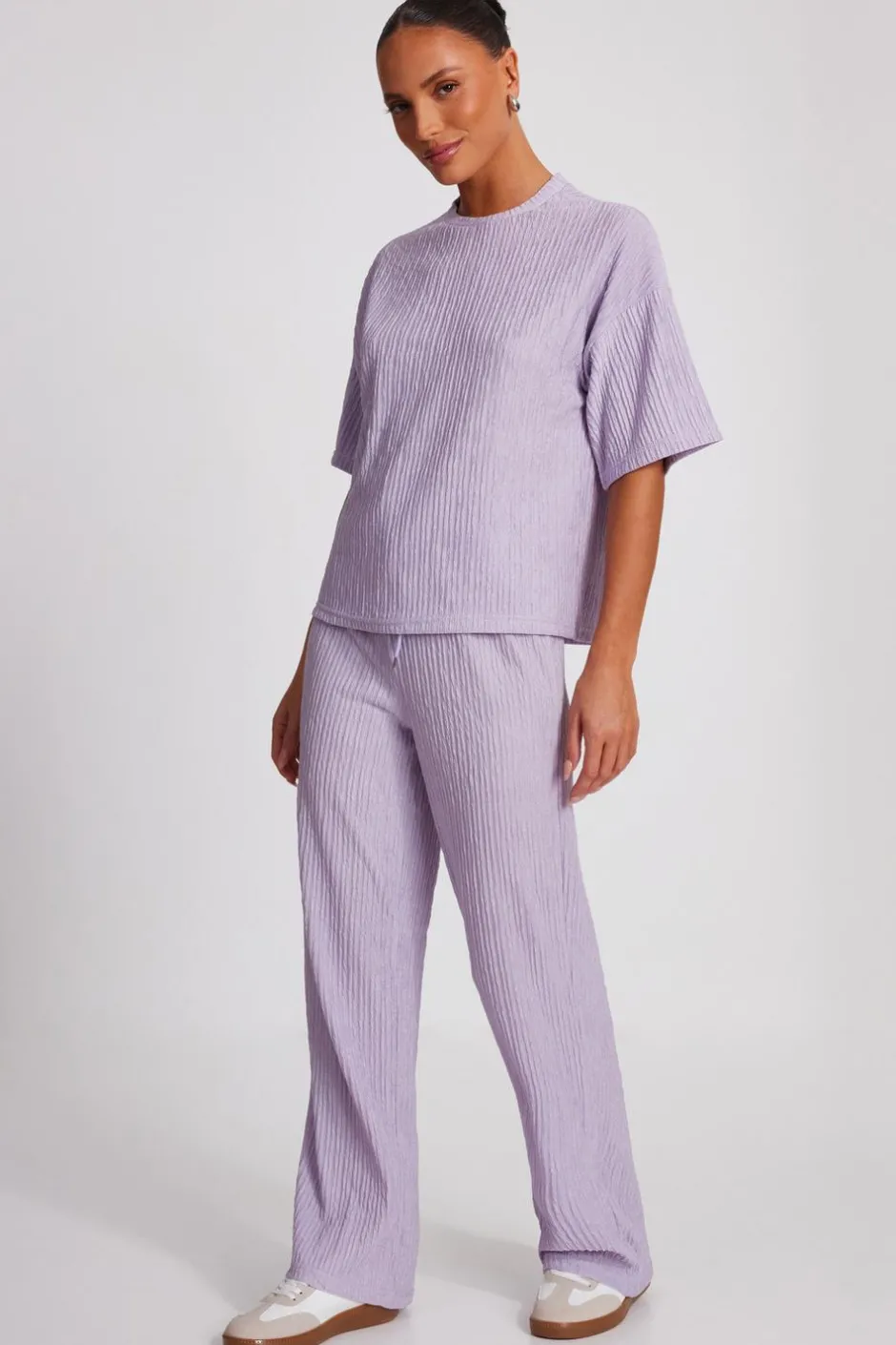 Quiz Textured Palazzo Trousers Lilac Clearance