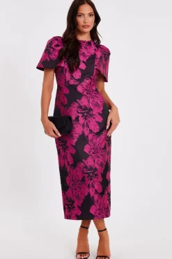 Quiz Magenta Floral Short Sleeve Midaxi Dress New