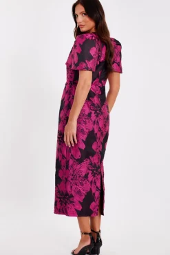Quiz Magenta Floral Short Sleeve Midaxi Dress New