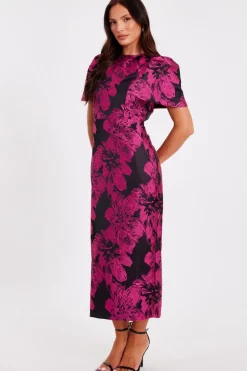 Quiz Magenta Floral Short Sleeve Midaxi Dress New
