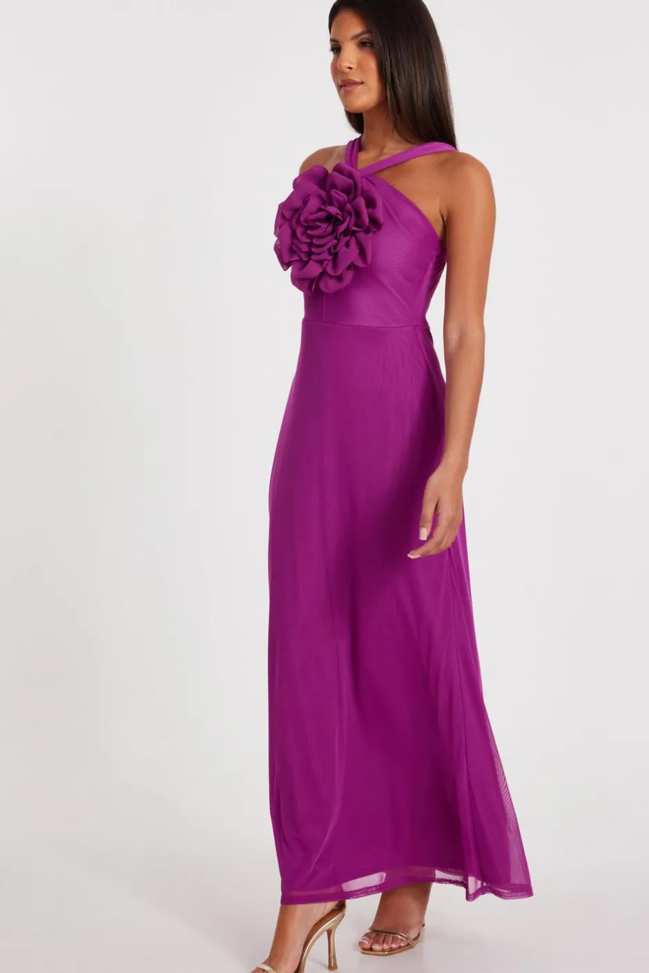 Quiz Magenta Mesh Corsage Maxi Dress Sale