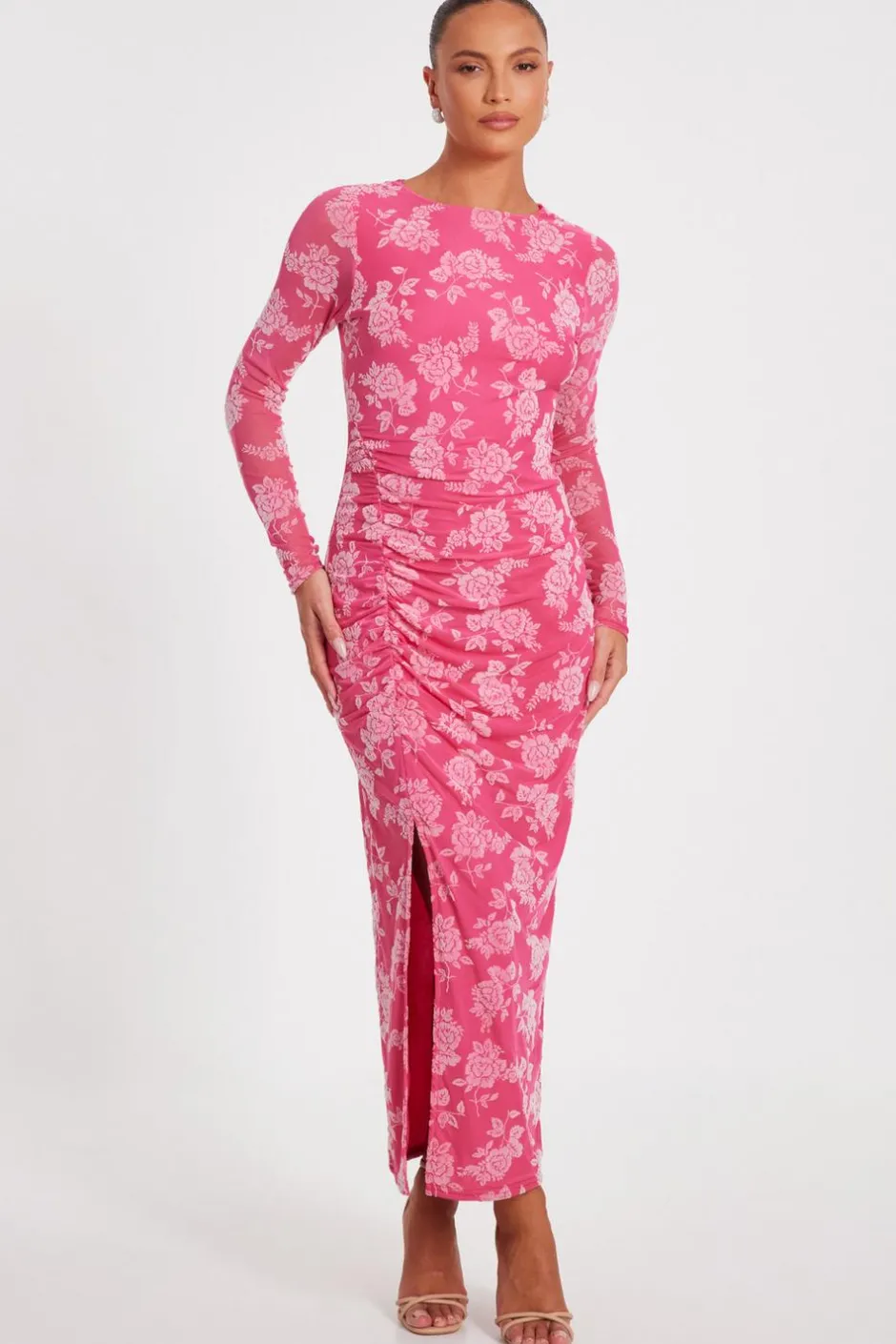 Quiz Magenta Mesh Floral Midaxi Dress Outlet