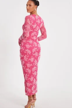 Quiz Magenta Mesh Floral Midaxi Dress Outlet
