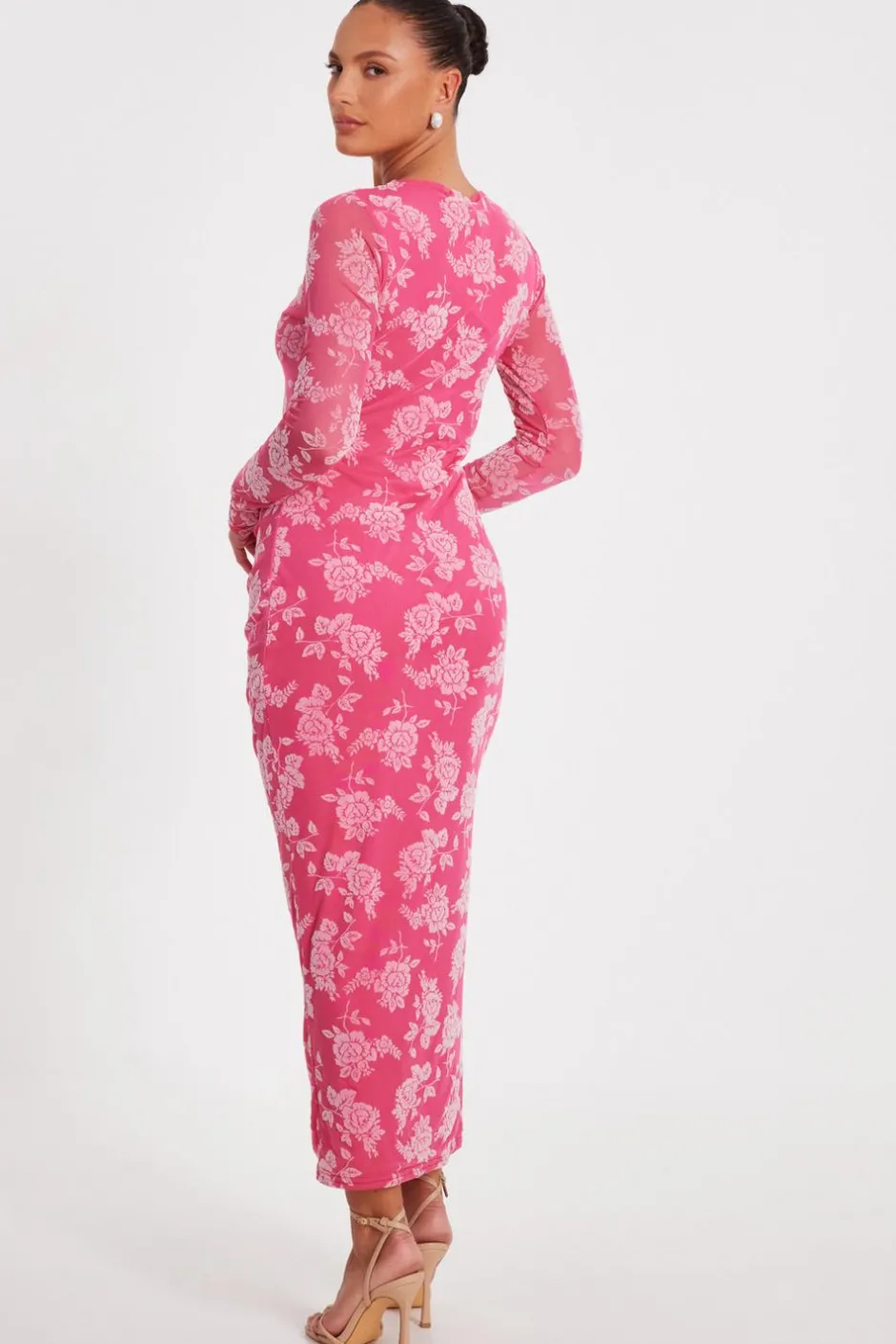 Quiz Magenta Mesh Floral Midaxi Dress Outlet