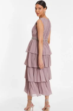 Quiz Mauve Chiffon Tiered Midi Dress Outlet